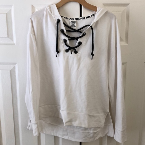 PINK Victoria's Secret Tops - White hoodie with lace up front